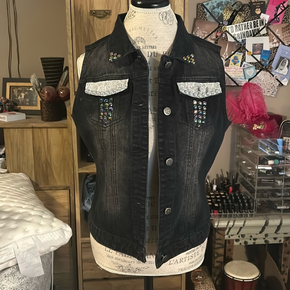 Allegra K Black Embellished Denim Vest - Medium